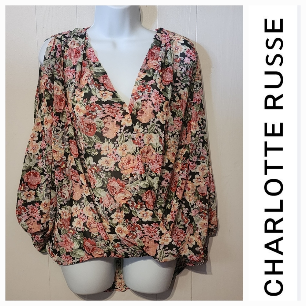 Charlotte Russe Floral Blouse Faux Wrap Cold Shoulder Slit Sleeves Hi Lo XL A606